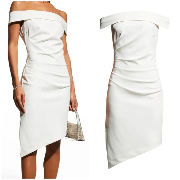 NWT Milly Ally Off-Shoulder Cady Dress Ecru White Size 12 Ruched Side Slit Hem - Picture 2 of 12